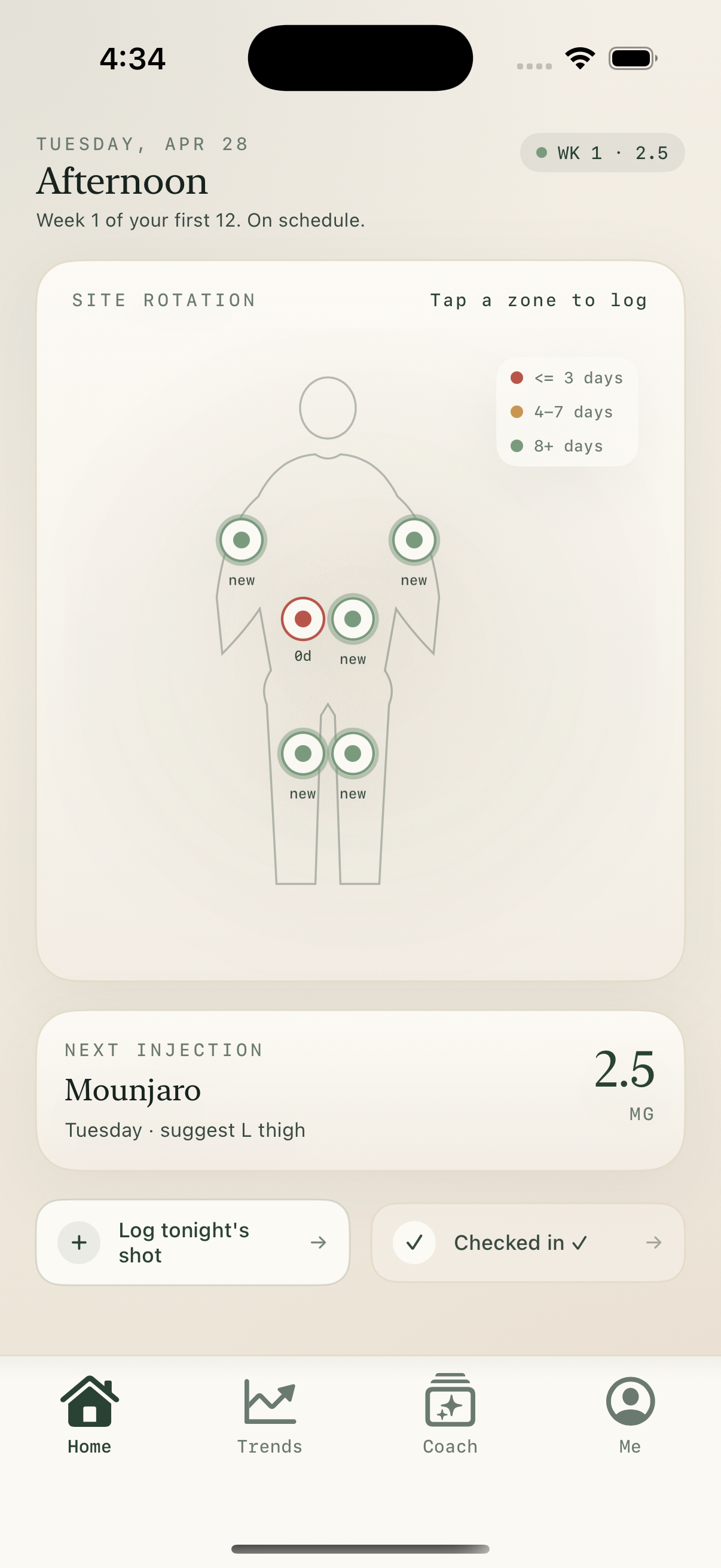 Cadence home screen showing site rotation and next injection